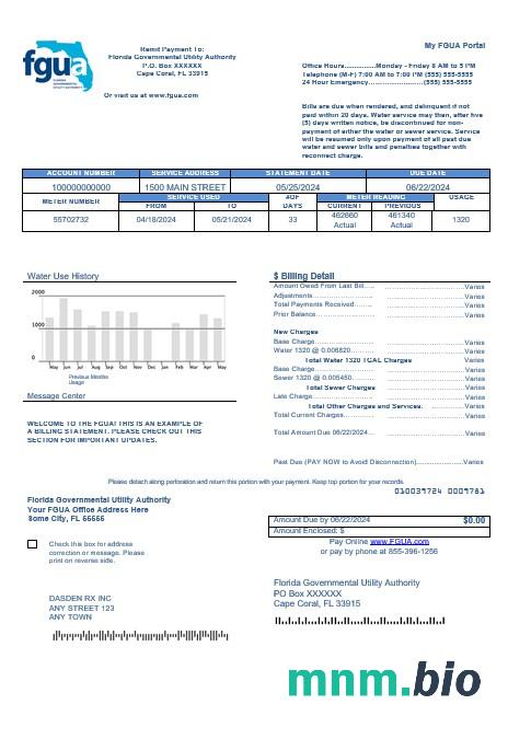 USA Florida fgua rachunek za usługi komunalne szablon w formacie Word i PDF